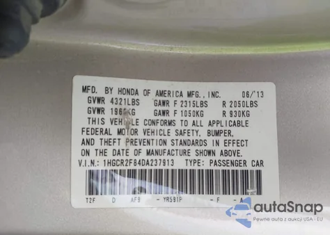 2013 Honda Accord Ex-L из США, поврежденный, VIN 1HGCR2F84DA237913